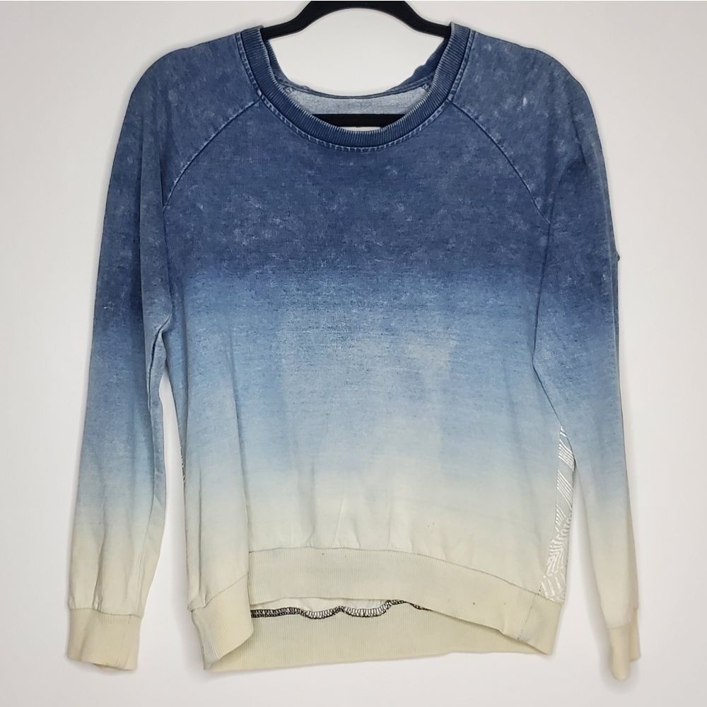 Billabong Blue Faded Wash Ombre Bohemian Graphic Back Long Sleeve Sweater Size M